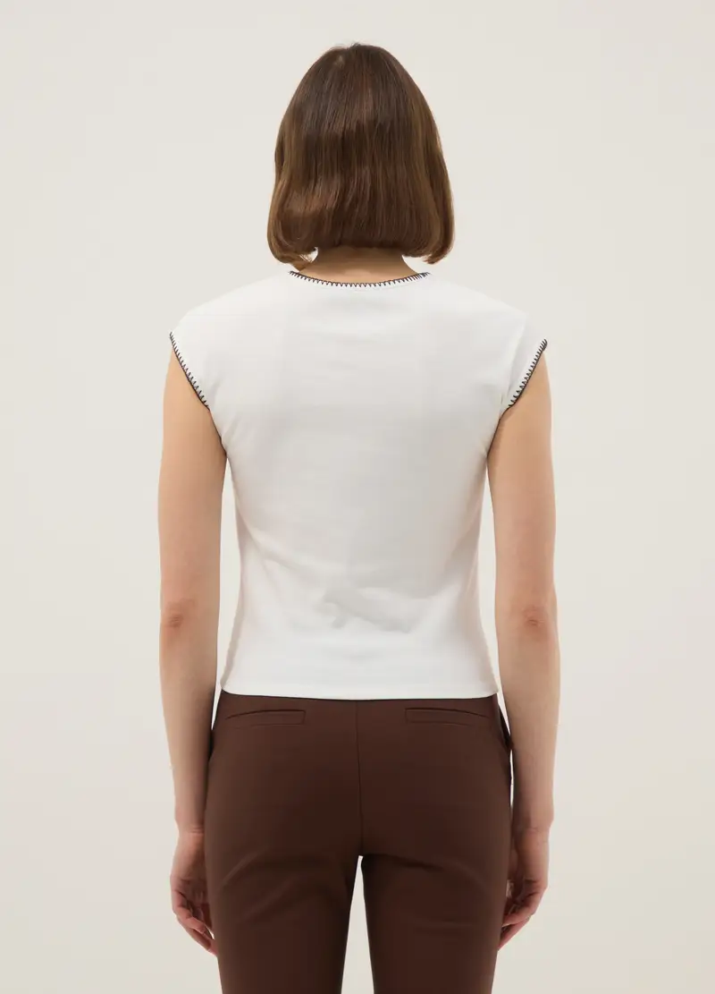 T-shirt In Cotone Elasticizzato Bianca Regular Fit Con Cuciture, Donna, Bianco miniatura 3