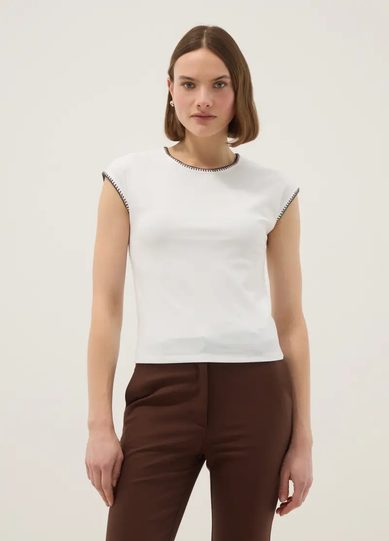 T-shirt In Cotone Elasticizzato Bianca Regular Fit Con Cuciture, Donna, Bianco