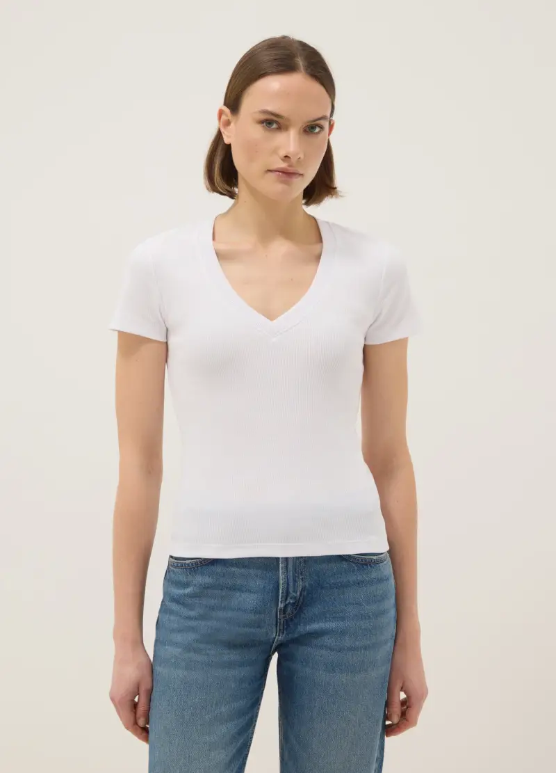 T-shirt In Cotone Elasticizzato Bianca Regular Fit Deep V, Donna, Bianco