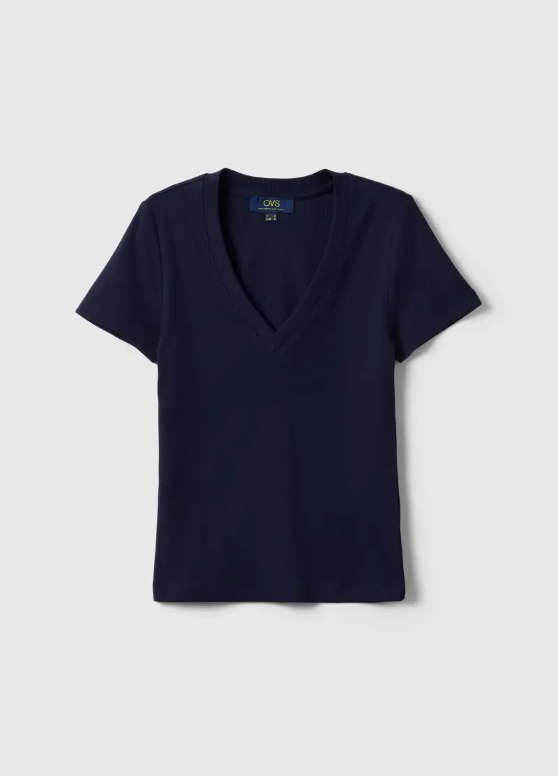 T-shirt In Cotone Elasticizzato Blu Regular Fit Deep V, Donna, Blu