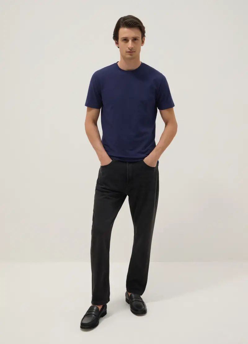 T-shirt In Cotone Elasticizzato Blu Slim Fit, Uomo, Blu miniatura 2