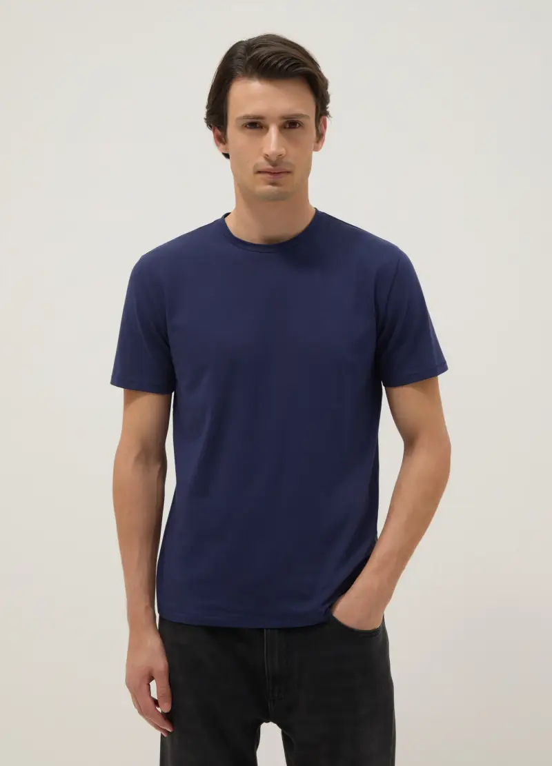 T-shirt In Cotone Elasticizzato Blu Slim Fit, Uomo, Blu