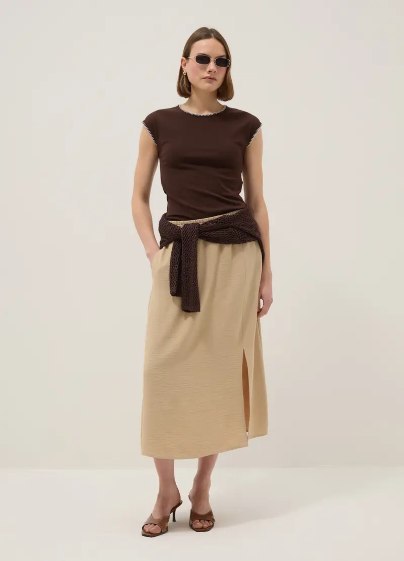 T-shirt In Cotone Elasticizzato Marrone Regular Fit Con Cuciture, Donna, Marrone miniatura 2