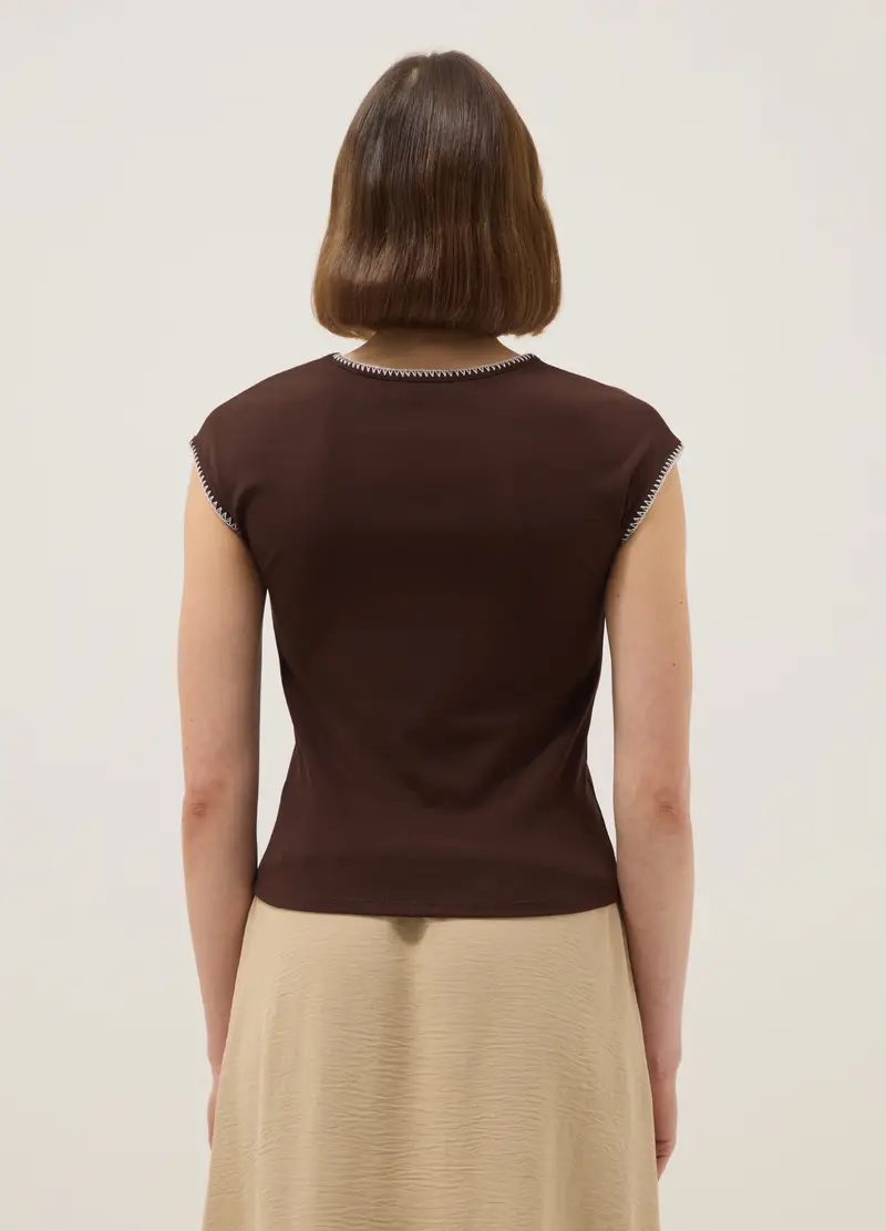 T-shirt In Cotone Elasticizzato Marrone Regular Fit Con Cuciture, Donna, Marrone miniatura 3