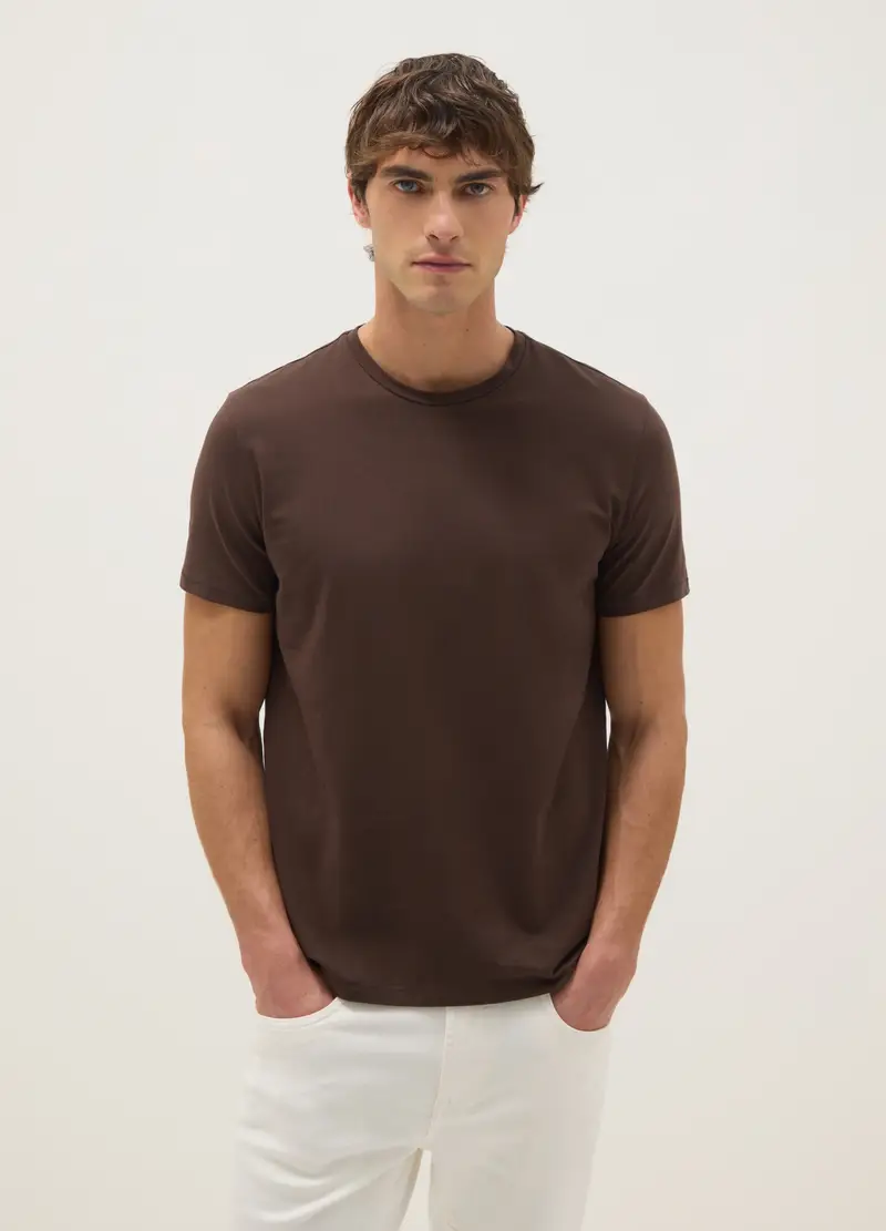 T-shirt In Cotone Elasticizzato Marrone Slim Fit, Uomo, Marrone
