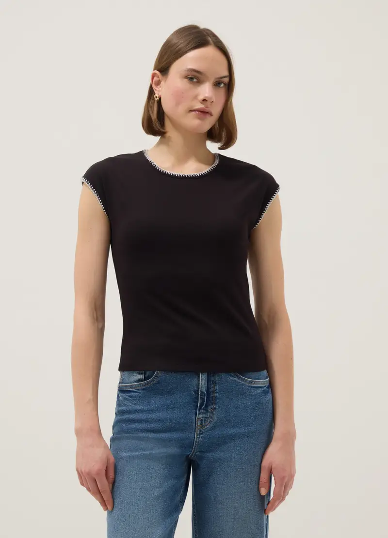 T-shirt In Cotone Elasticizzato Nero Regular Fit Con Cuciture, Donna, Nero miniatura 2