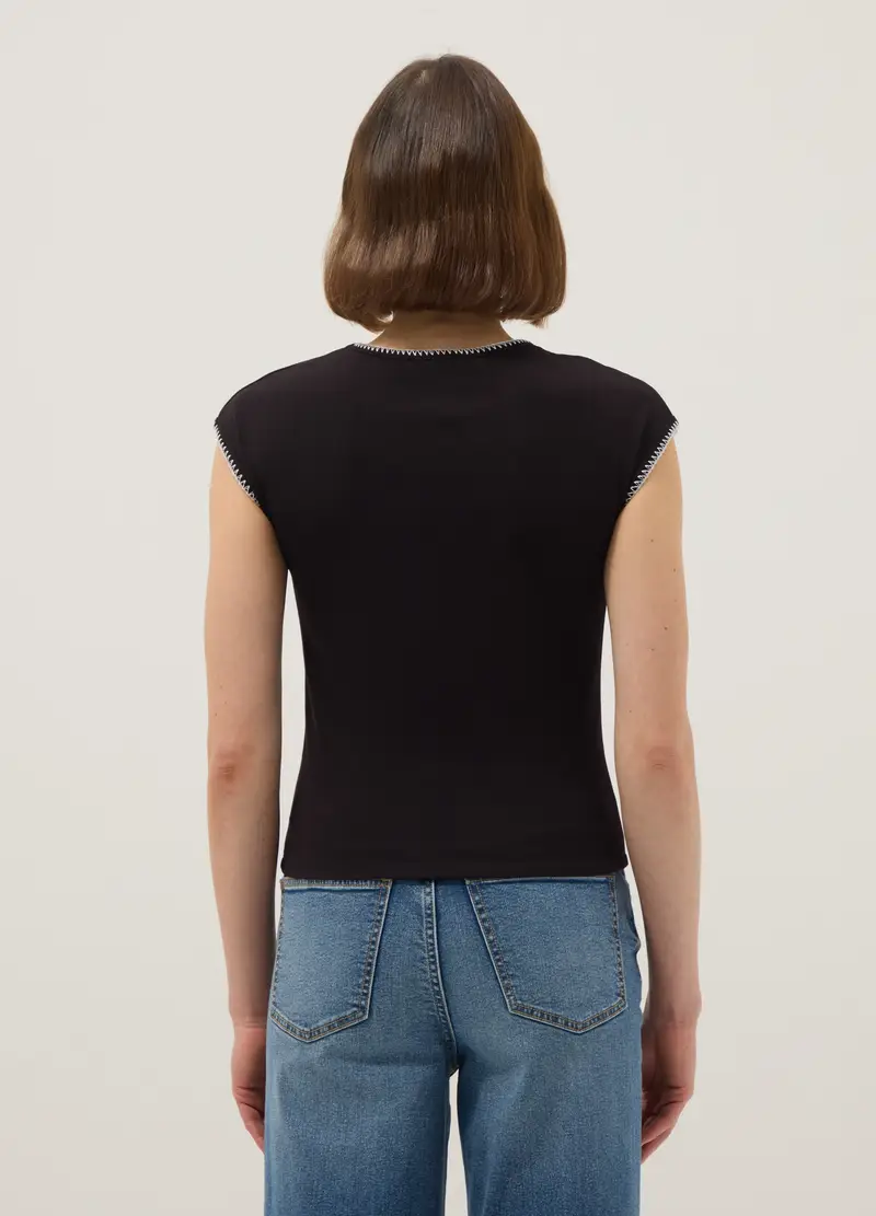 T-shirt In Cotone Elasticizzato Nero Regular Fit Con Cuciture, Donna, Nero miniatura 3