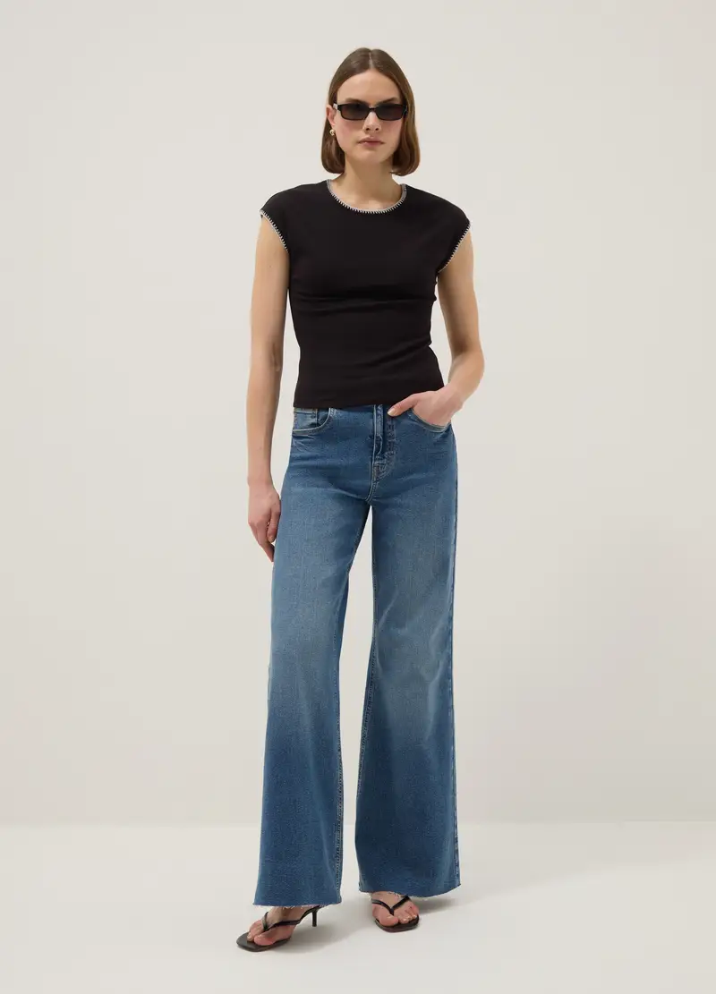 T-shirt In Cotone Elasticizzato Nero Regular Fit Con Cuciture, Donna, Nero