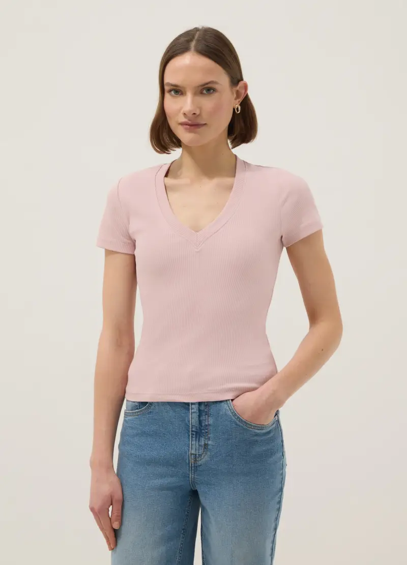 T-shirt In Cotone Elasticizzato Rosa Regular Fit Deep V, Donna, Rosa