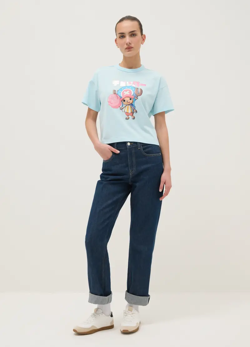 T-shirt In Puro Cotone Azzurra Regular Fit Con Stampa One Piece, Donna, Azzurro miniatura 2