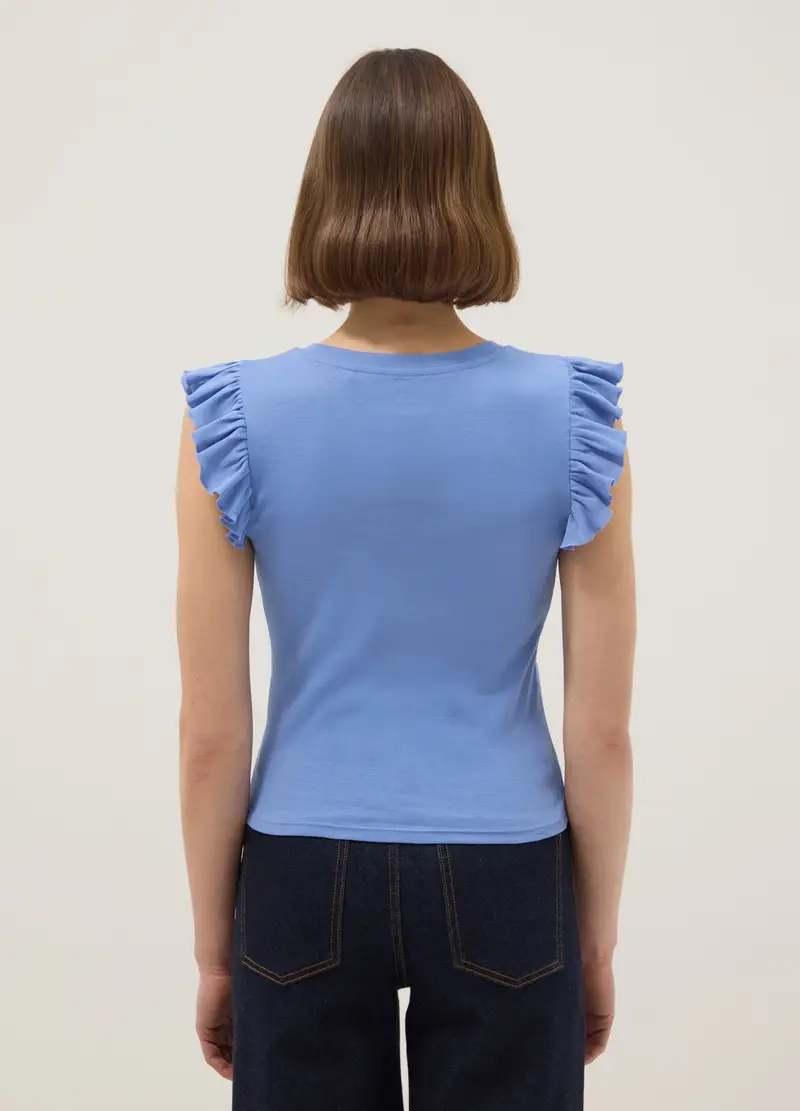 T-shirt In Puro Cotone Azzurra Slim Fit Con Volant, Donna, Azzurro miniatura 3