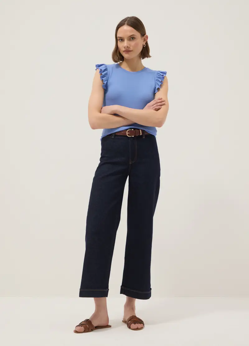 T-shirt In Puro Cotone Azzurra Slim Fit Con Volant, Donna, Azzurro