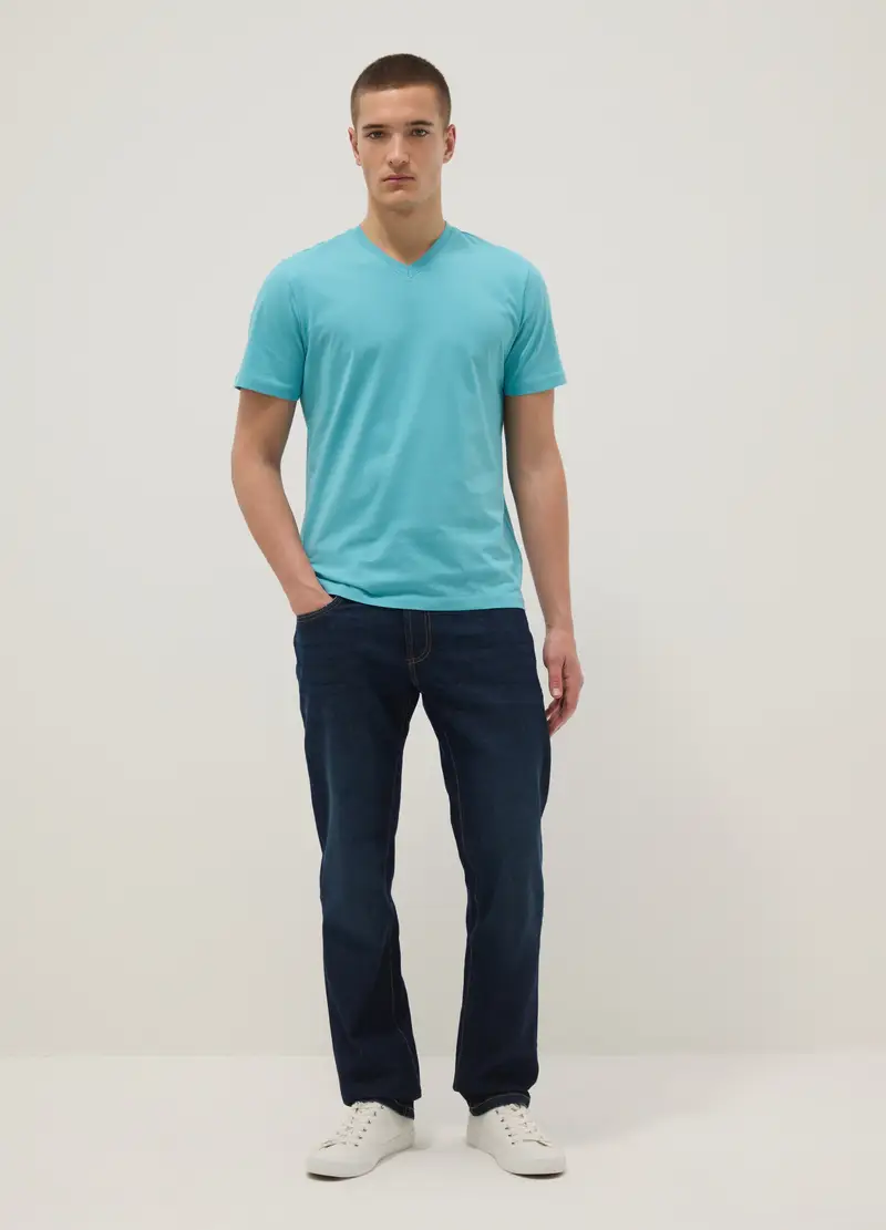 T-shirt In Puro Cotone Azzurro Regular Fit Con Collo A V, Uomo, Azzurro miniatura 2