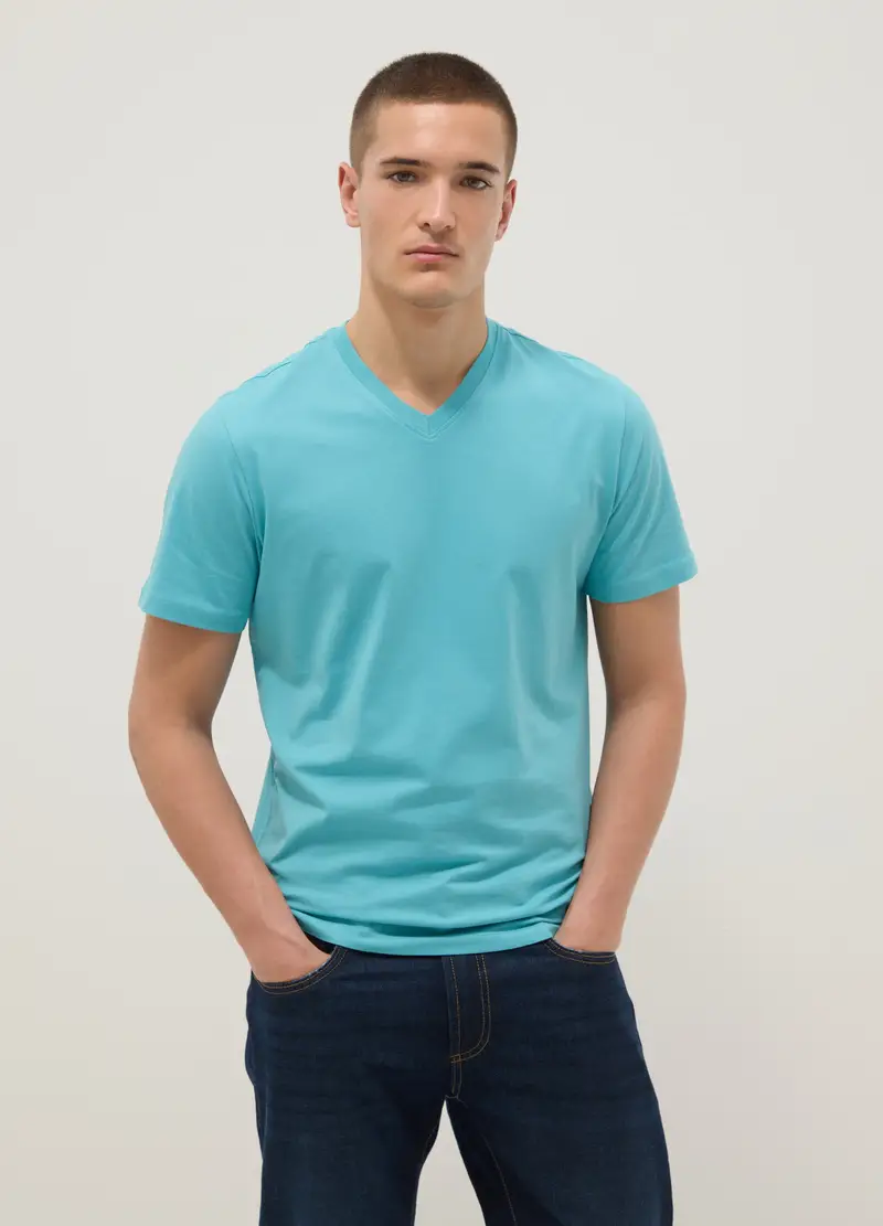 T-shirt In Puro Cotone Azzurro Regular Fit Con Collo A V, Uomo, Azzurro