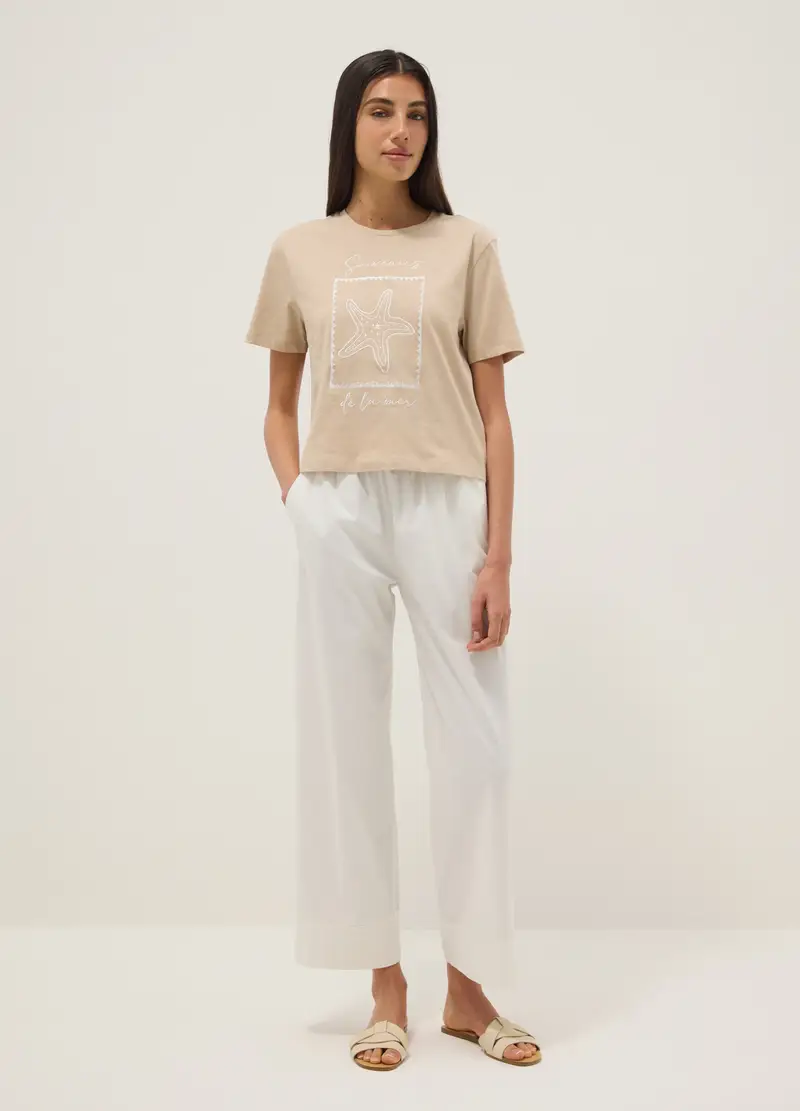T-shirt In Puro Cotone Beige Regular Fit Con Ricamo, Donna, Beige miniatura 3