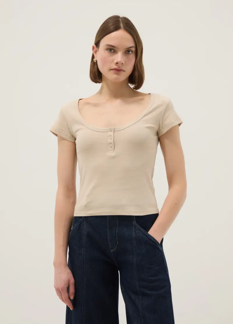 T-shirt In Puro Cotone Beige Regular Fit Con Scollo Serafino Profondo, Donna, Beige miniatura 2
