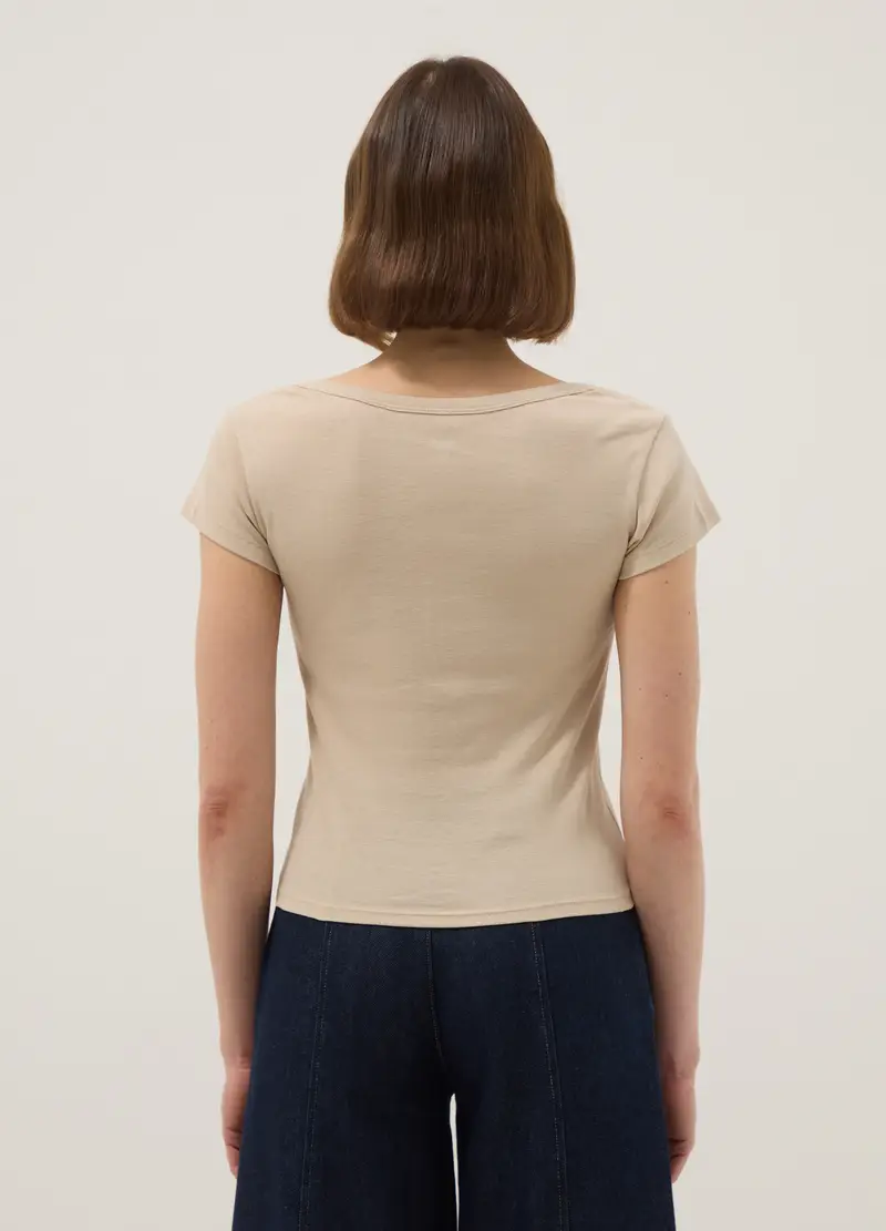 T-shirt In Puro Cotone Beige Regular Fit Con Scollo Serafino Profondo, Donna, Beige miniatura 3