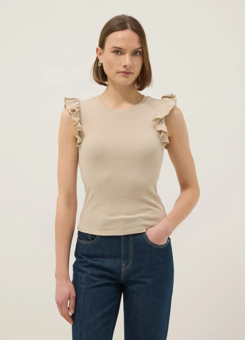 T-shirt In Puro Cotone Beige Slim Fit Con Volant, Donna, Beige miniatura 2
