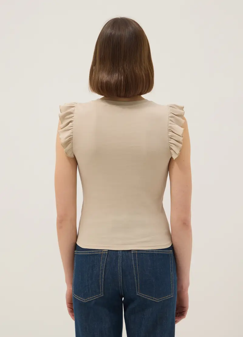 T-shirt In Puro Cotone Beige Slim Fit Con Volant, Donna, Beige miniatura 3