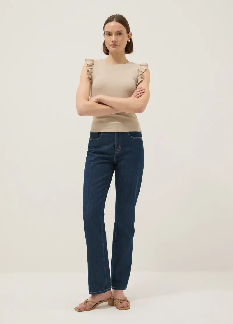 T-shirt In Puro Cotone Beige Slim Fit Con Volant, Donna, Beige