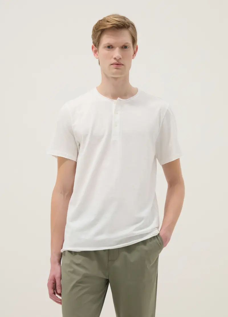 T-shirt In Puro Cotone Bianca Regular Fit Con Collo Serafino, Uomo, Bianco