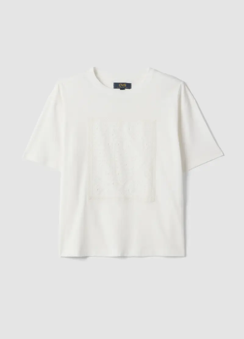 T-shirt In Puro Cotone Bianca Regular Fit Con Dettaglio Traforato, Donna, Bianco