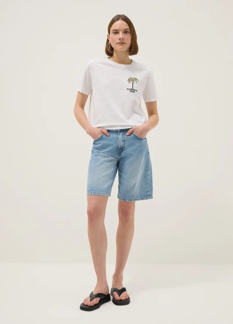 T-shirt In Puro Cotone Bianca Regular Fit Con Ricamo Palma, Donna, Bianco miniatura 2