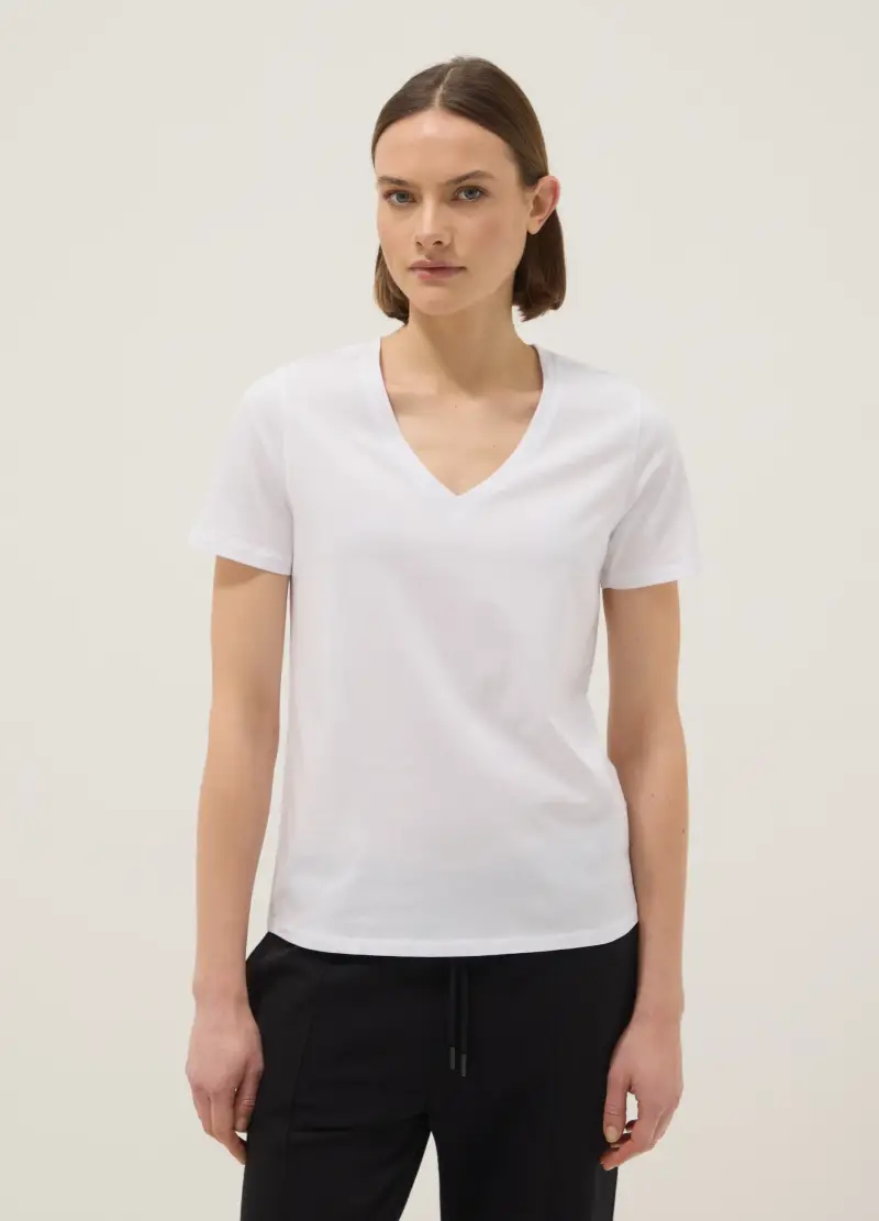 T-shirt In Puro Cotone Bianca Regular Fit Con Scollo A V, Donna, Bianco