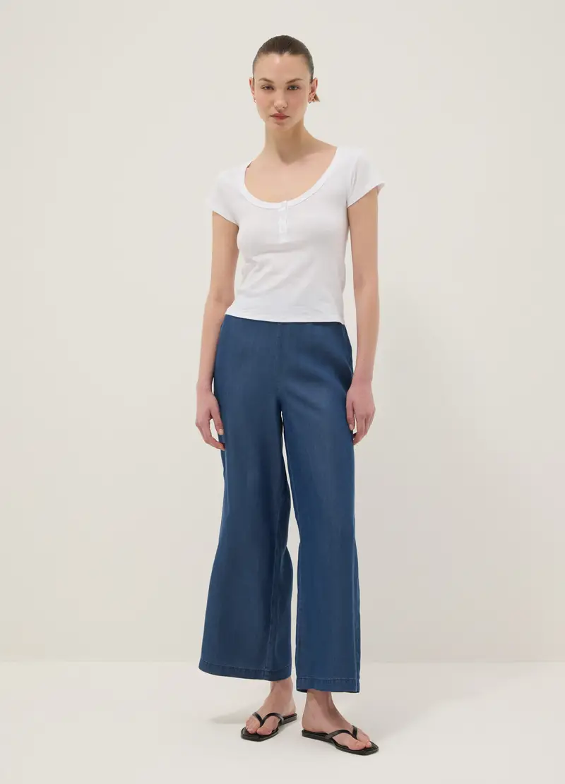 T-shirt In Puro Cotone Bianca Regular Fit Con Scollo Serafino Profondo, Donna, Bianco miniatura 2