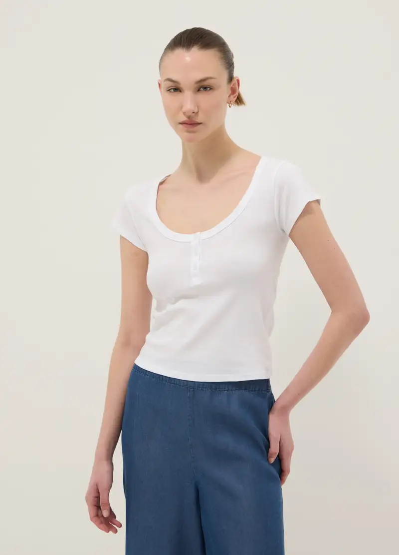 T-shirt In Puro Cotone Bianca Regular Fit Con Scollo Serafino Profondo, Donna, Bianco miniatura 3