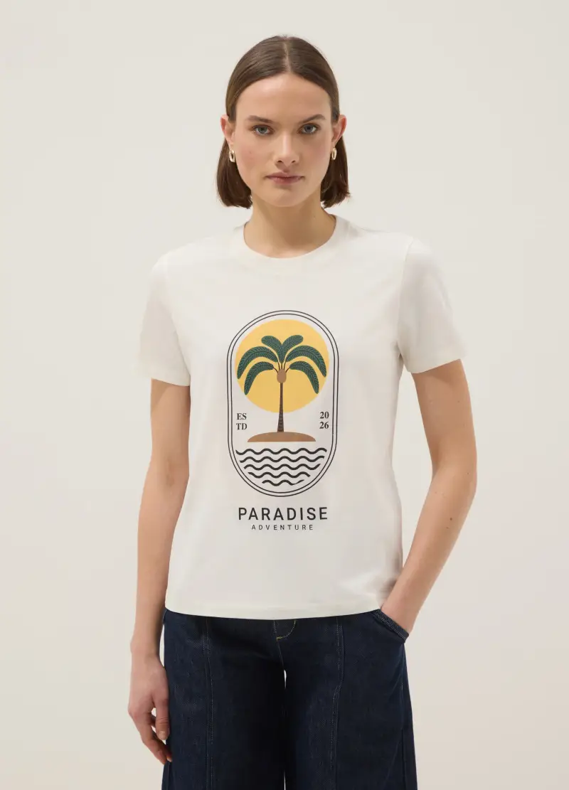 T-shirt In Puro Cotone Bianca Regular Fit Con Stampa, Donna, Bianco