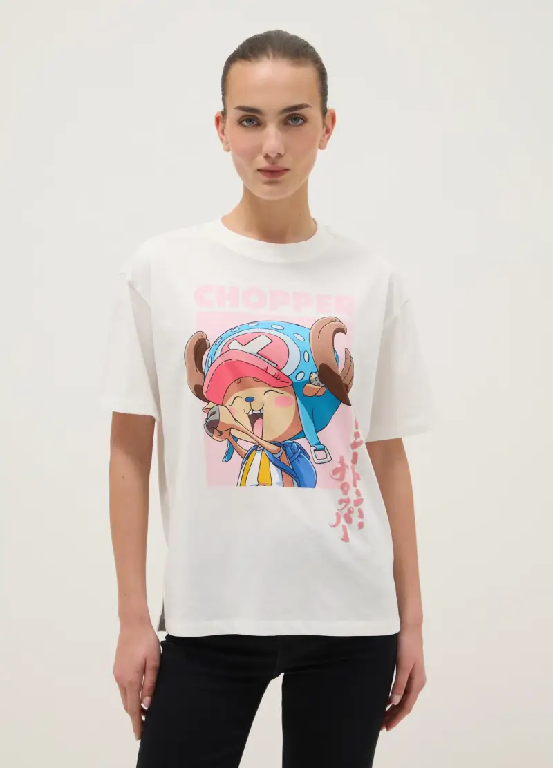 T-shirt In Puro Cotone Bianca Regular Fit Con Stampa One Piece, Donna, Bianco