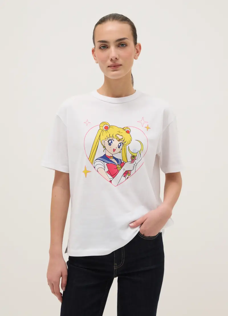 T-shirt In Puro Cotone Bianca Regular Fit Con Stampa Sailor Moon, Donna, Bianco