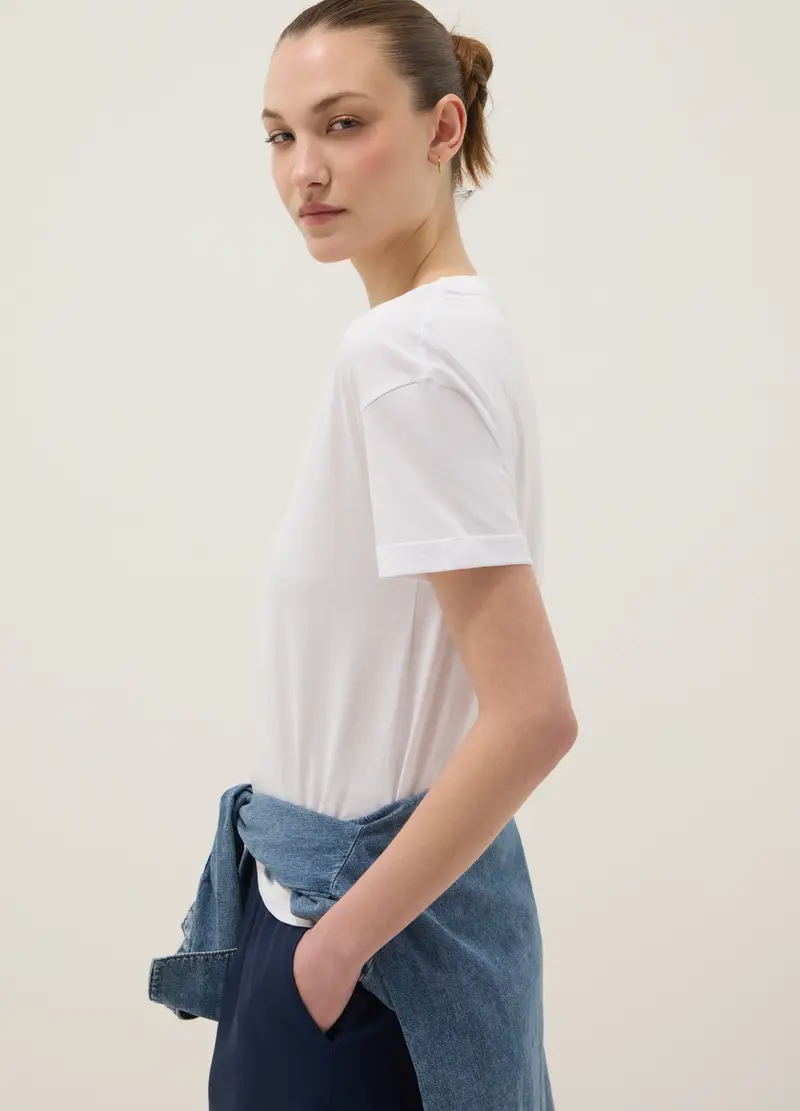 T-shirt In Puro Cotone Bianca Relaxed Fit Con Collo A V, Donna, Bianco