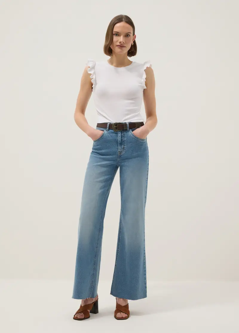 T-shirt In Puro Cotone Bianca Slim Fit Con Volant, Donna, Bianco miniatura 2