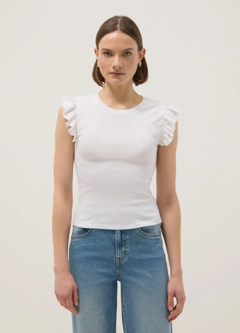 T-shirt In Puro Cotone Bianca Slim Fit Con Volant, Donna, Bianco