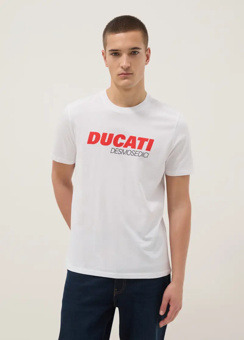 T-shirt In Puro Cotone Bianco Regular Fit Con Stampa Ducati, Uomo, Bianco