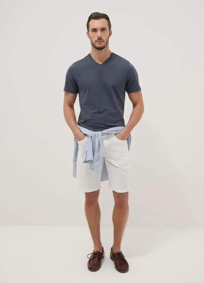 T-shirt In Puro Cotone Blu Regular Fit Con Collo A V, Uomo, Blu miniatura 3