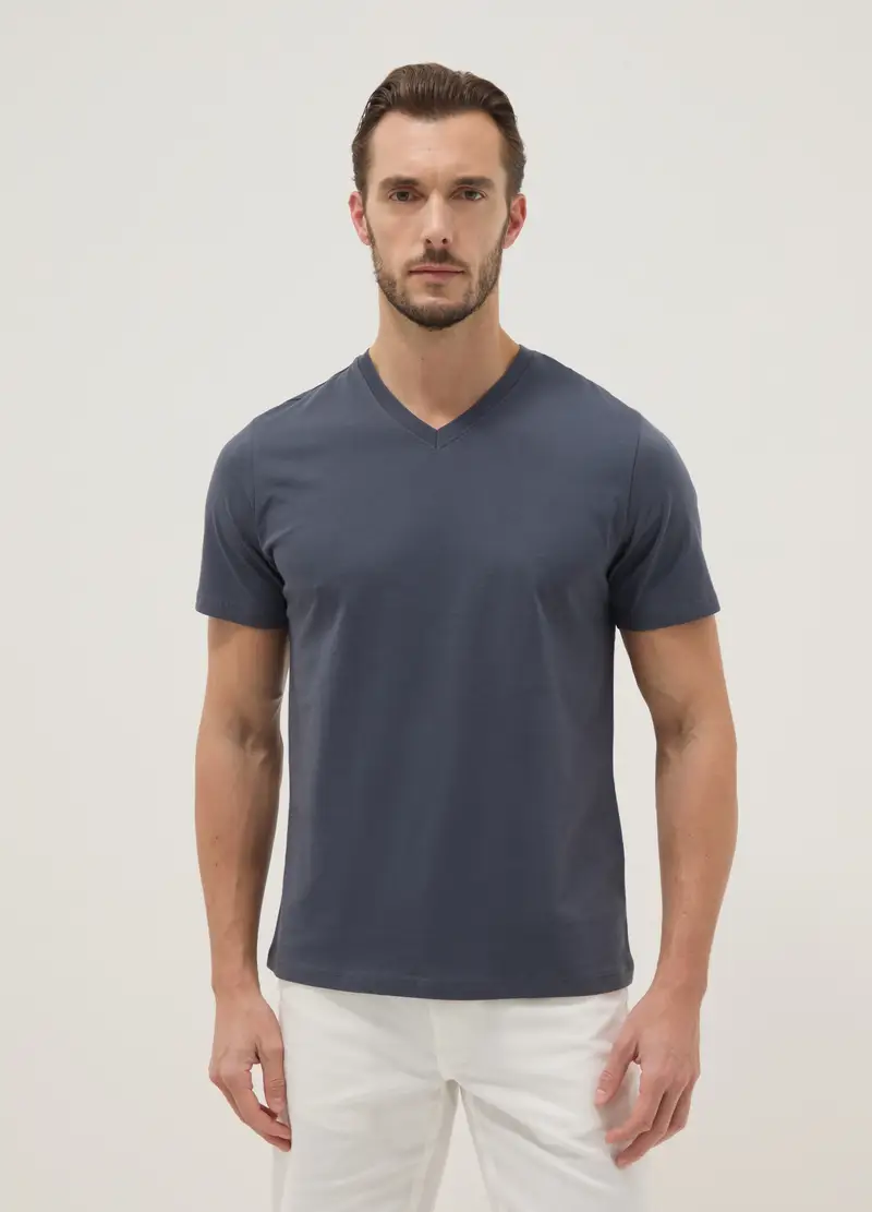 T-shirt In Puro Cotone Blu Regular Fit Con Collo A V, Uomo, Blu