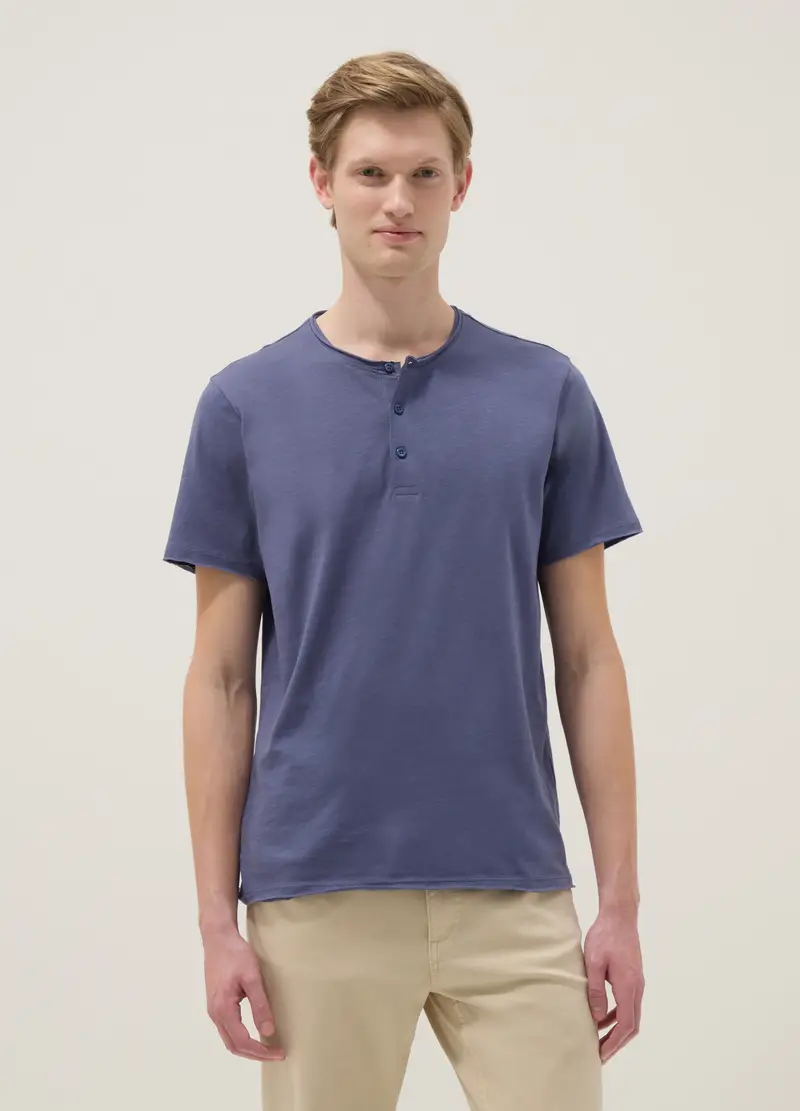 T-shirt In Puro Cotone Blu Regular Fit Con Collo Serafino, Uomo, Blu miniatura 2