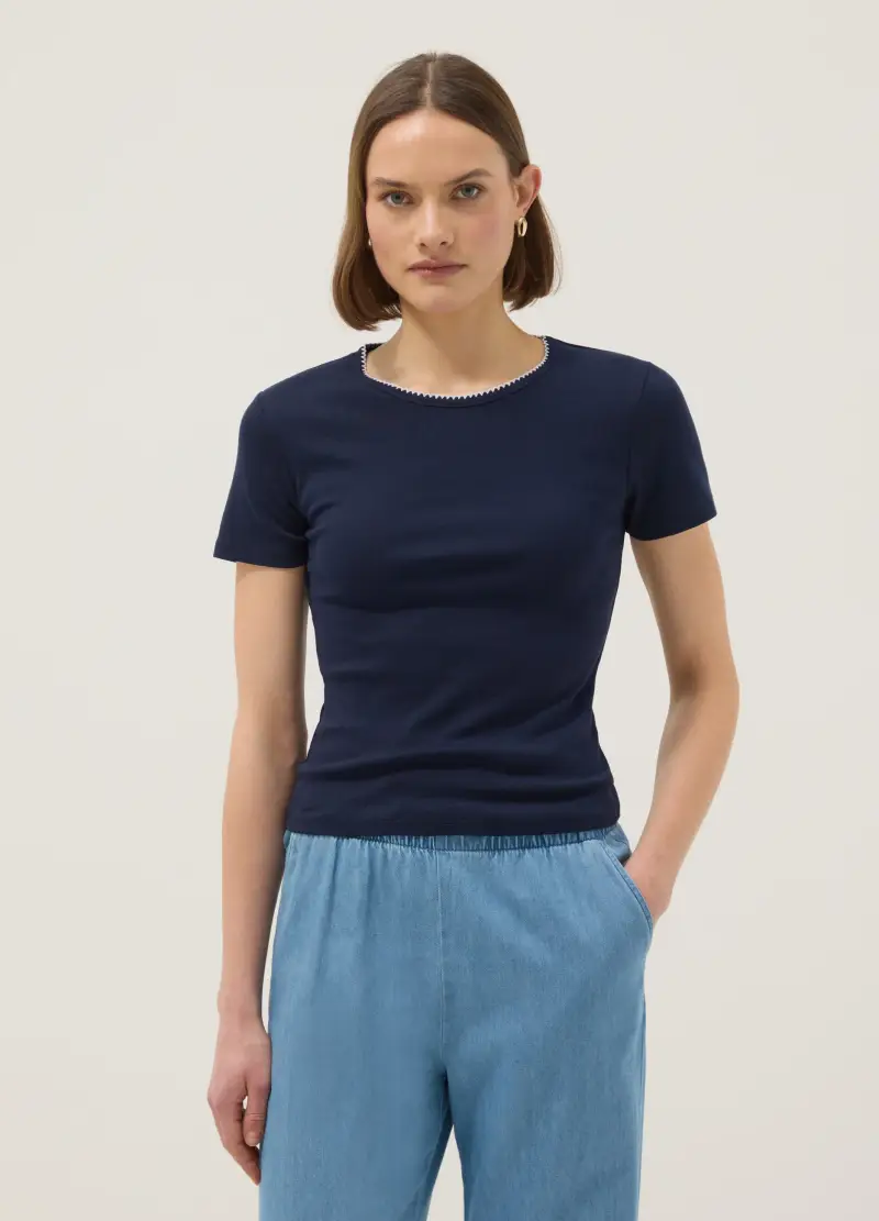 T-shirt In Puro Cotone Blu Regular Fit Con Cucitura A Contrasto, Donna, Blu