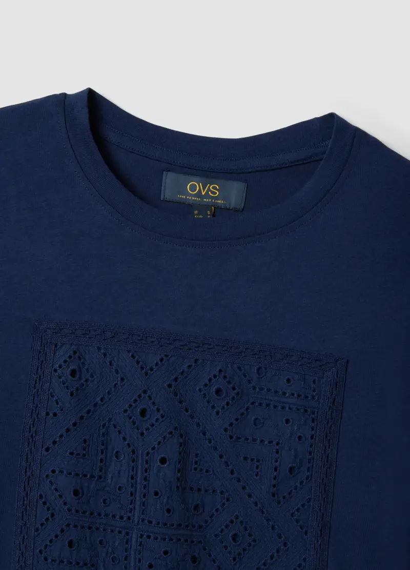 T-shirt In Puro Cotone Blu Regular Fit Con Dettaglio Traforato, Donna, Blu miniatura 2