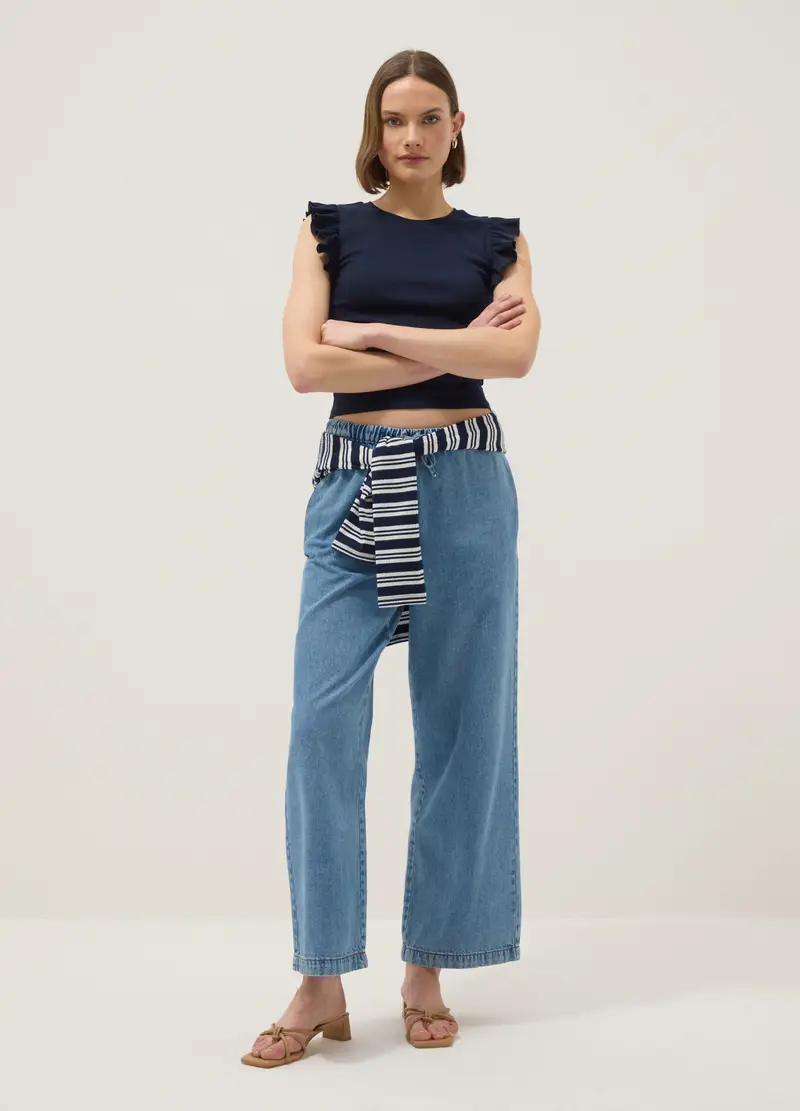 T-shirt In Puro Cotone Blu Slim Fit Con Volant, Donna, Blu miniatura 2