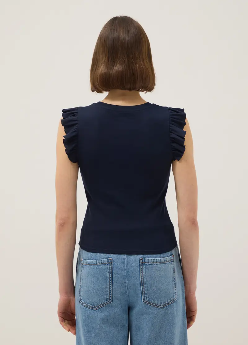 T-shirt In Puro Cotone Blu Slim Fit Con Volant, Donna, Blu miniatura 3