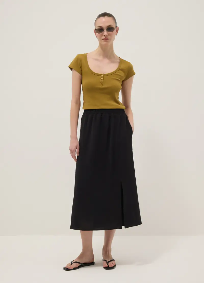 T-shirt In Puro Cotone Gialla Regular Fit Con Scollo Serafino Profondo, Donna, Giallo miniatura 2