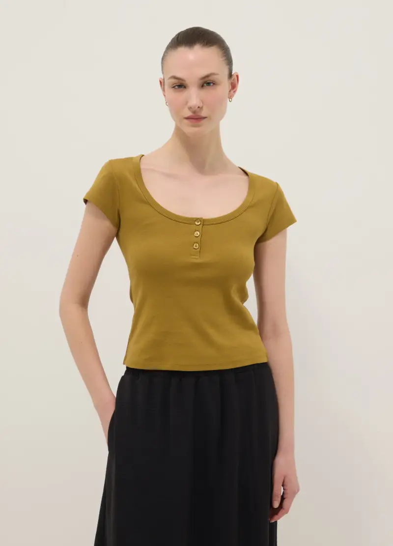 T-shirt In Puro Cotone Gialla Regular Fit Con Scollo Serafino Profondo, Donna, Giallo miniatura 3