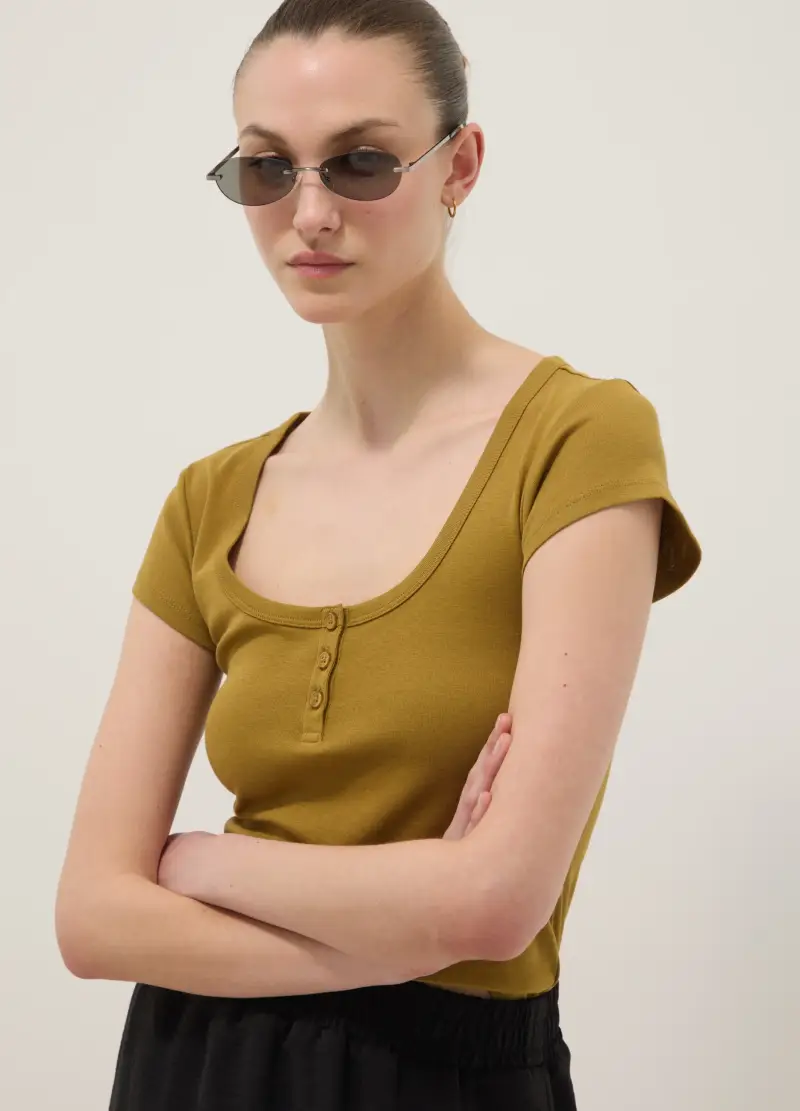 T-shirt In Puro Cotone Gialla Regular Fit Con Scollo Serafino Profondo, Donna, Giallo