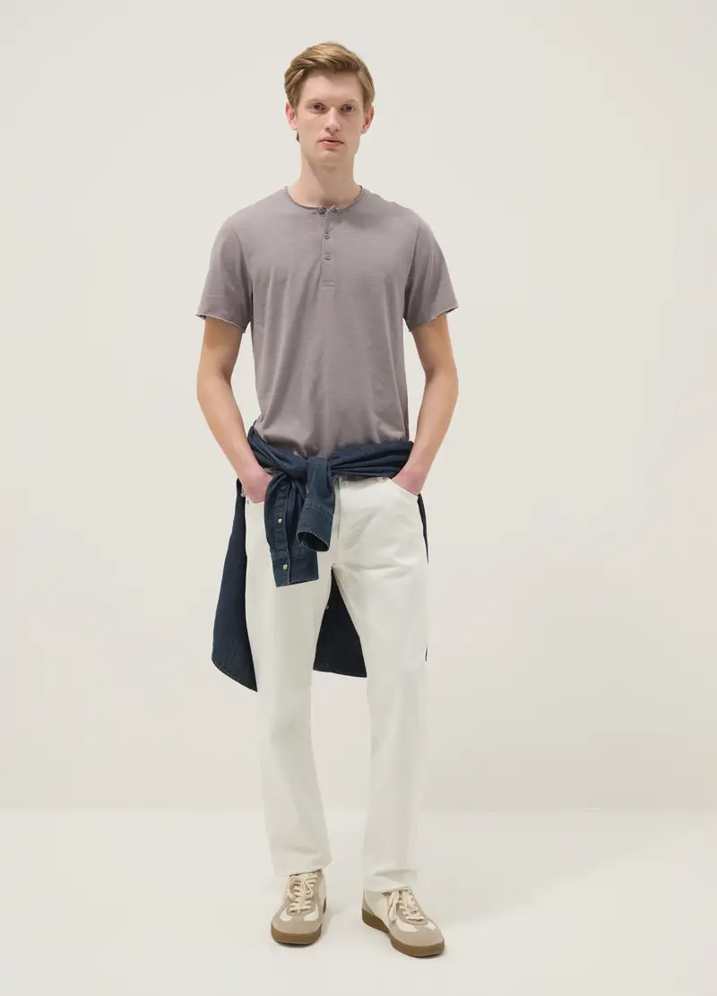 T-shirt In Puro Cotone Grigia Regular Fit Con Collo Serafino, Uomo, Grigio miniatura 3