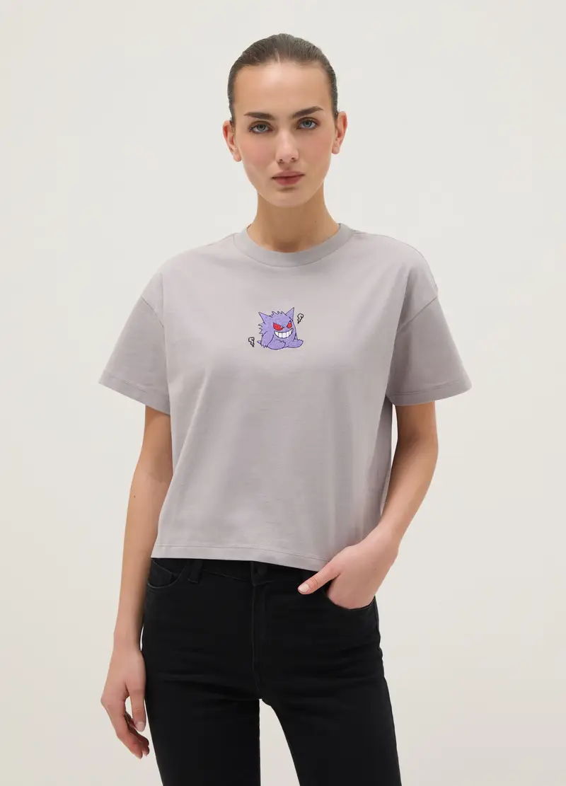 T-shirt In Puro Cotone Grigia Regular Fit Con Stampa Pokémon, Donna, Grigio