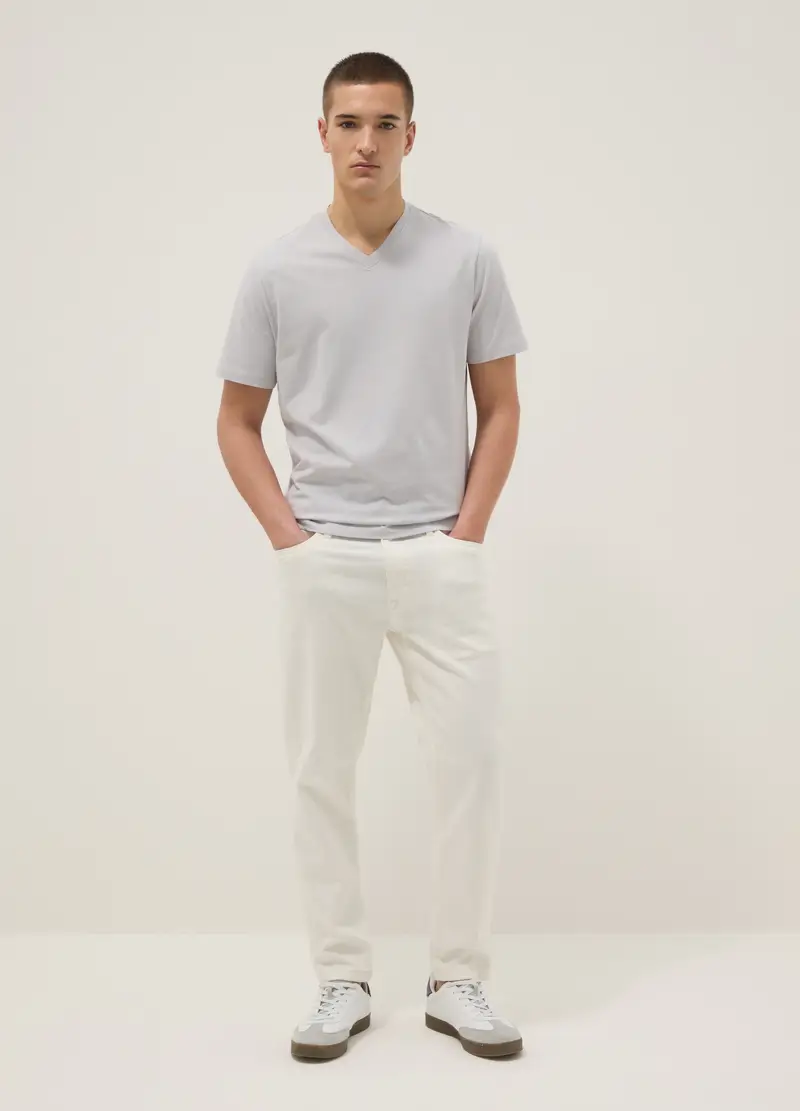 T-shirt In Puro Cotone Grigio Regular Fit Con Collo A V, Uomo, Grigio miniatura 2